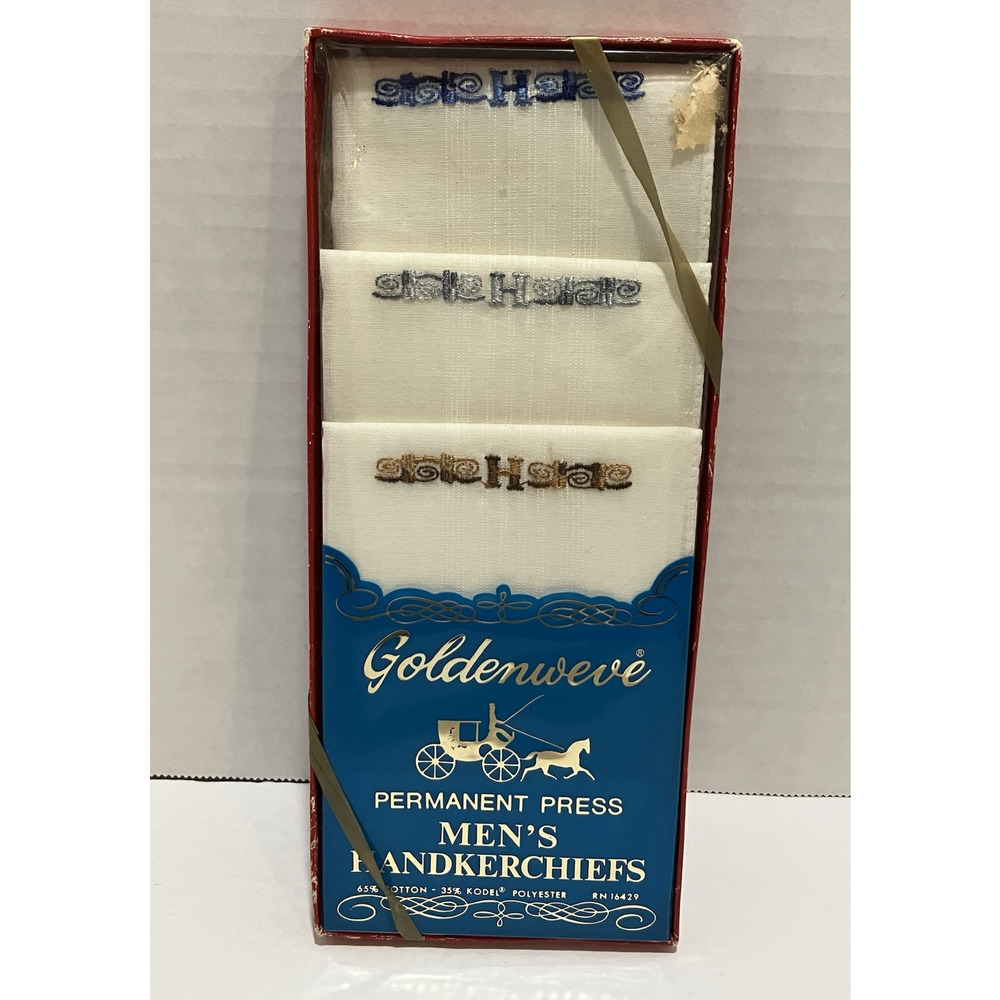 Hankerchiefs Goldenweve Fine Woven Mens Original Box Monogram H Vintage